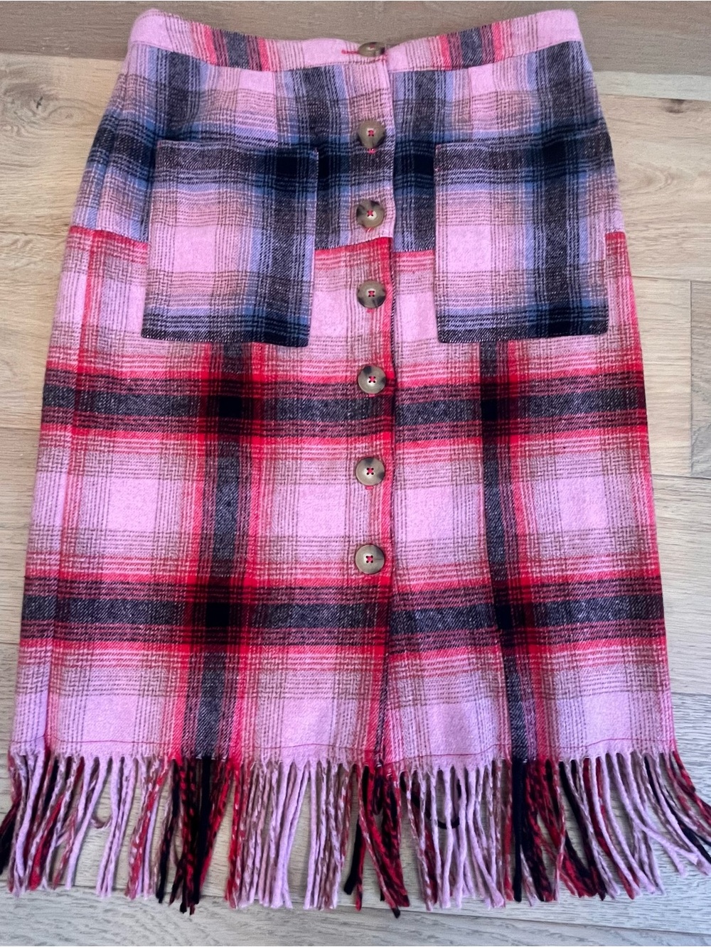 NWT Anthropologie Pink Plaid Button-Front Fringe Skirt